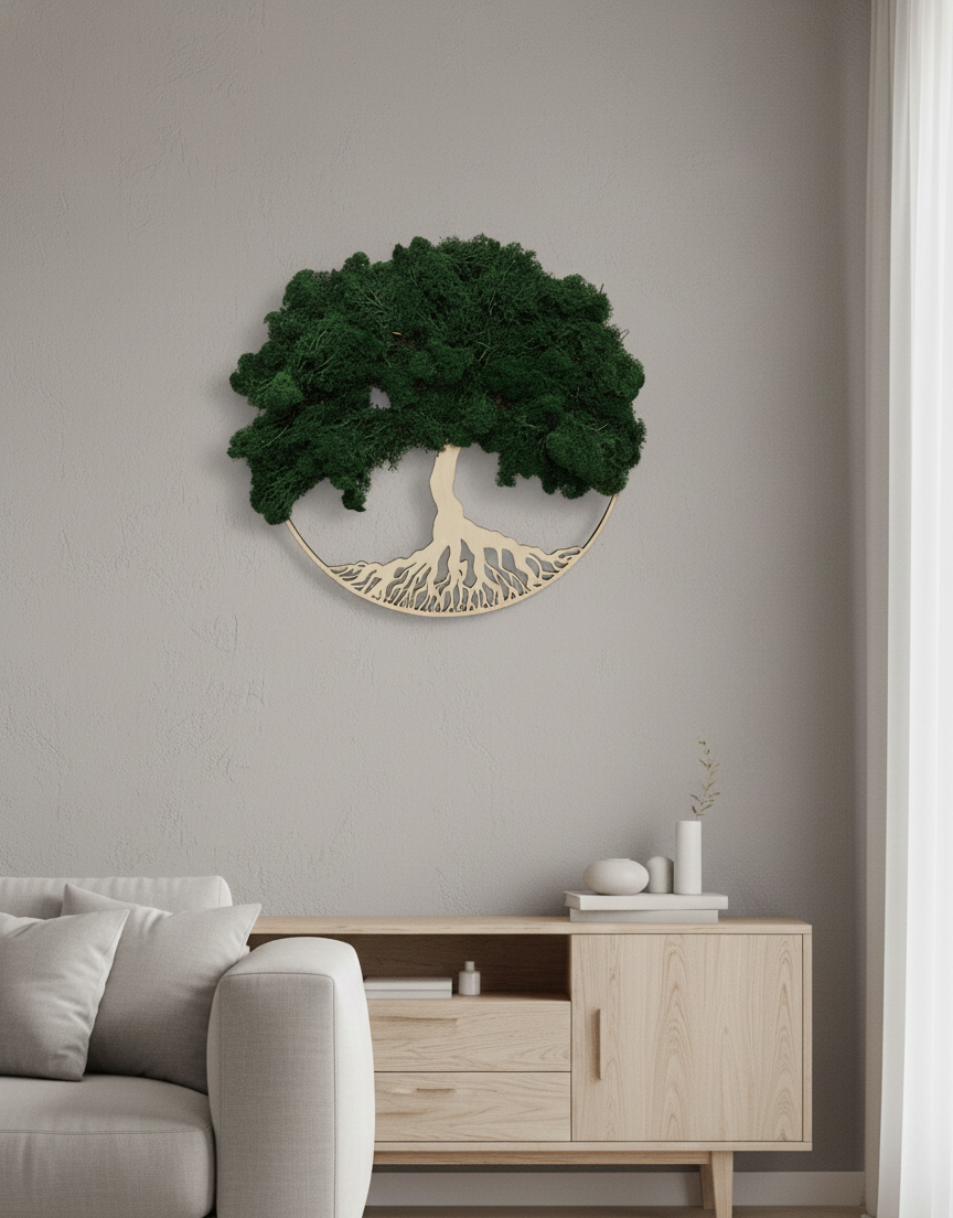 Mechový obraz strom života Nordic světlé dřevo tmavý mech